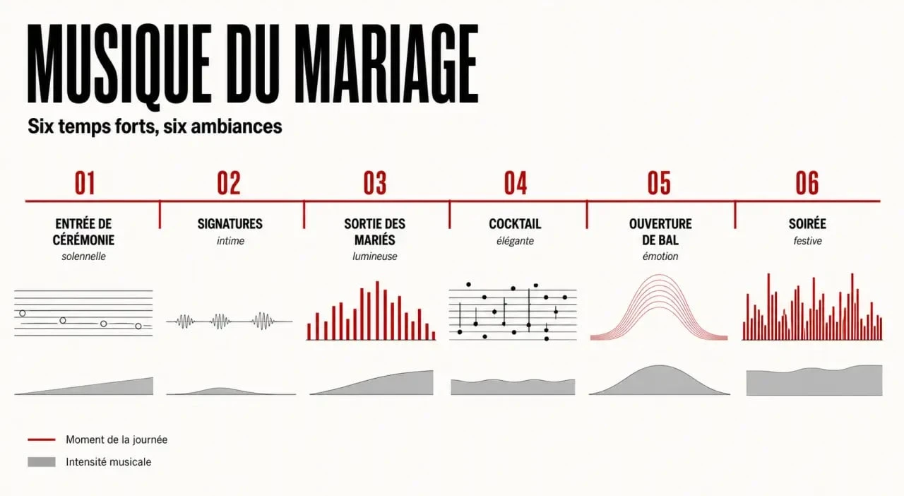 Musique du mariage : timeline visuelle des moments clés et des ambiances recommandées