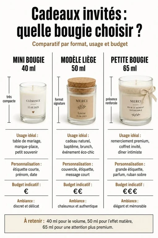Infographie idées cadeaux invités bougie : formats 40ml, 50ml et 65ml pour choisir selon l’occasion et le budget