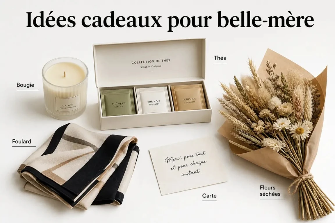 Idées cadeaux belle mère présentées dans une scène élégante avec bougie, thés, foulard et carte manuscrite