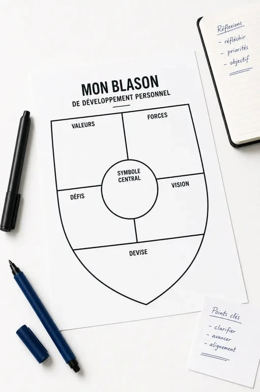 Blason développement personnel a remplir avec zones pour valeurs, forces, défis et devise