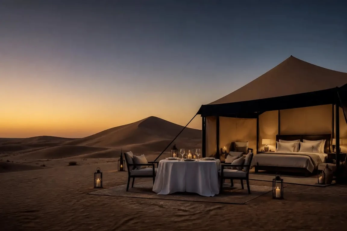 Voyage luxe maroc dans un campement haut de gamme du Sahara marocain au coucher du soleil