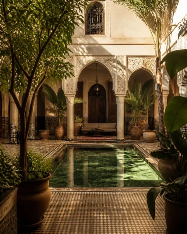 Voyage luxe maroc dans un riad de Marrakech avec patio traditionnel et piscine intérieure