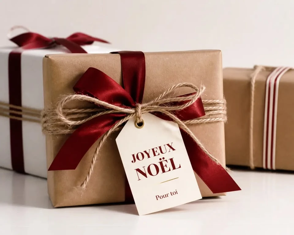 Étiquettes cadeau noel mises en scène sur un paquet cadeau de Noël fini avec ficelle et ruban