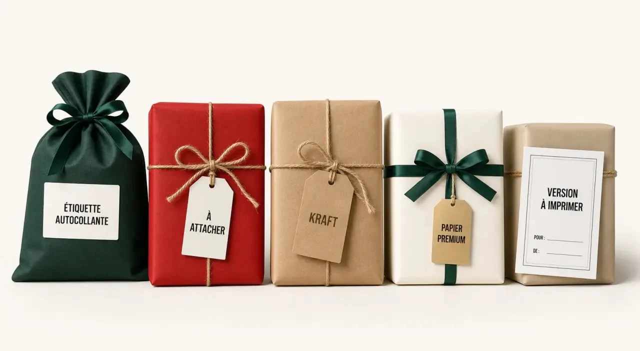 Étiquettes cadeau noel sur différents paquets cadeaux de Noël, comparant plusieurs formats et finitions