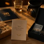 Idées cadeaux 20 ans : cadeau personnalisé sur table en golden hour