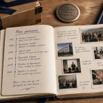 Idées cadeaux départ en retraite : album photo ouvert et objets personnalisés
