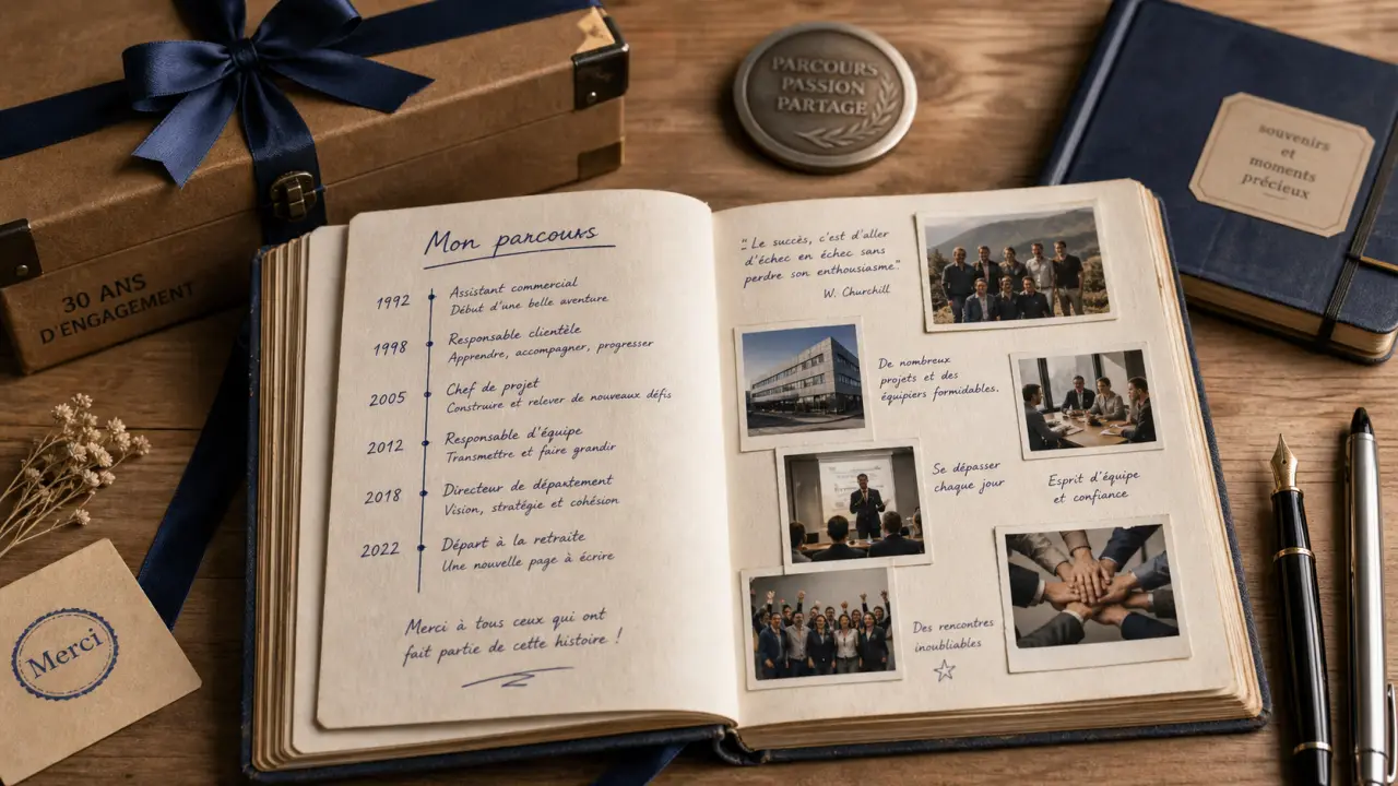 Idées cadeaux départ en retraite : album photo ouvert et objets personnalisés