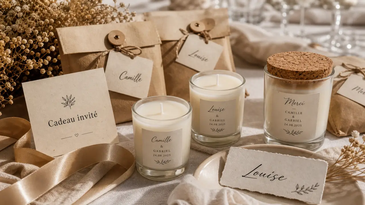 Idées cadeaux invités bougie 40 ml et bougie au liège sur table