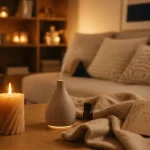 Idées cadeaux pour la maison : bougie décorative beige en salon