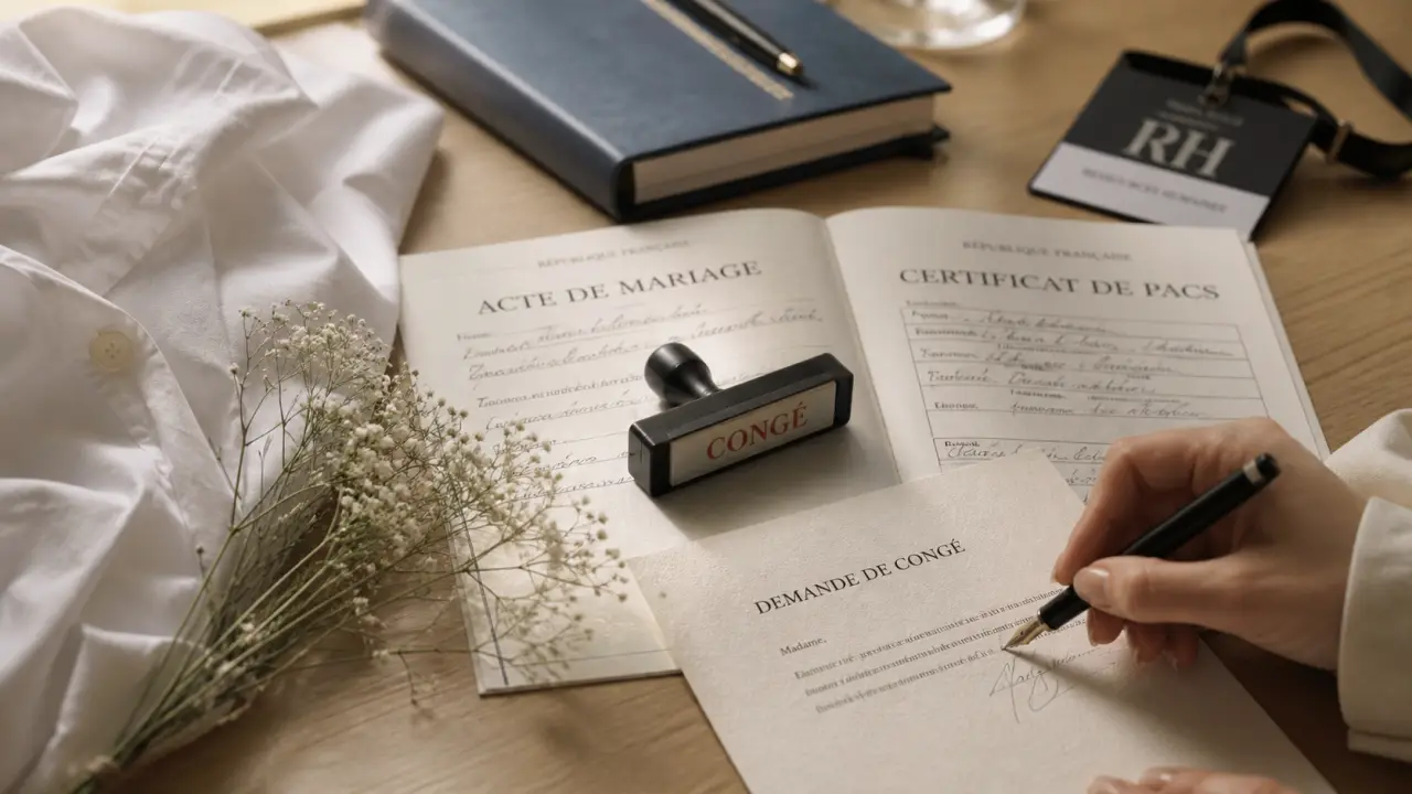 Mariage congés au travail : demande avec justificatifs et tampon CONGÉ