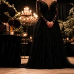 Mariage en noir : table noire, bougies et mariée en dentelle