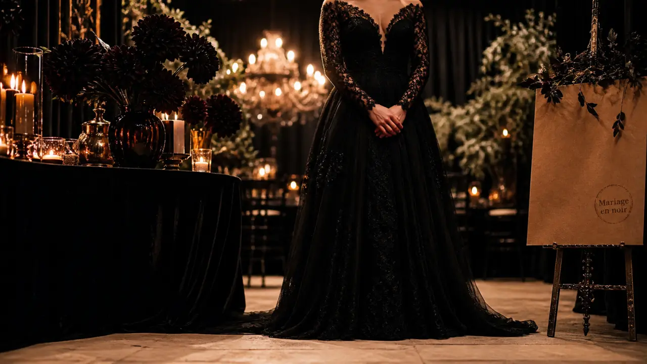 Mariage en noir : table noire, bougies et mariée en dentelle