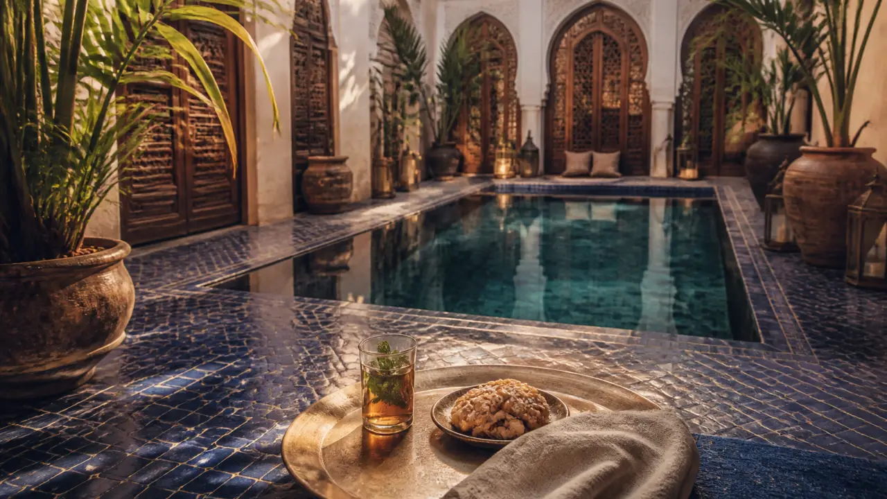 Voyage luxe maroc : riad de Marrakech avec thé à la menthe, zellige bleu et piscine intérieure