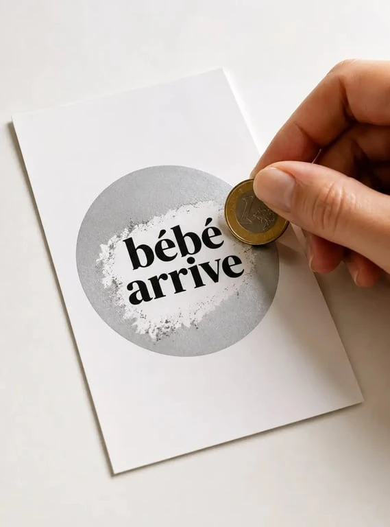 Carte a gratter annonce grossesse révélée dans une main avec message bébé arrive