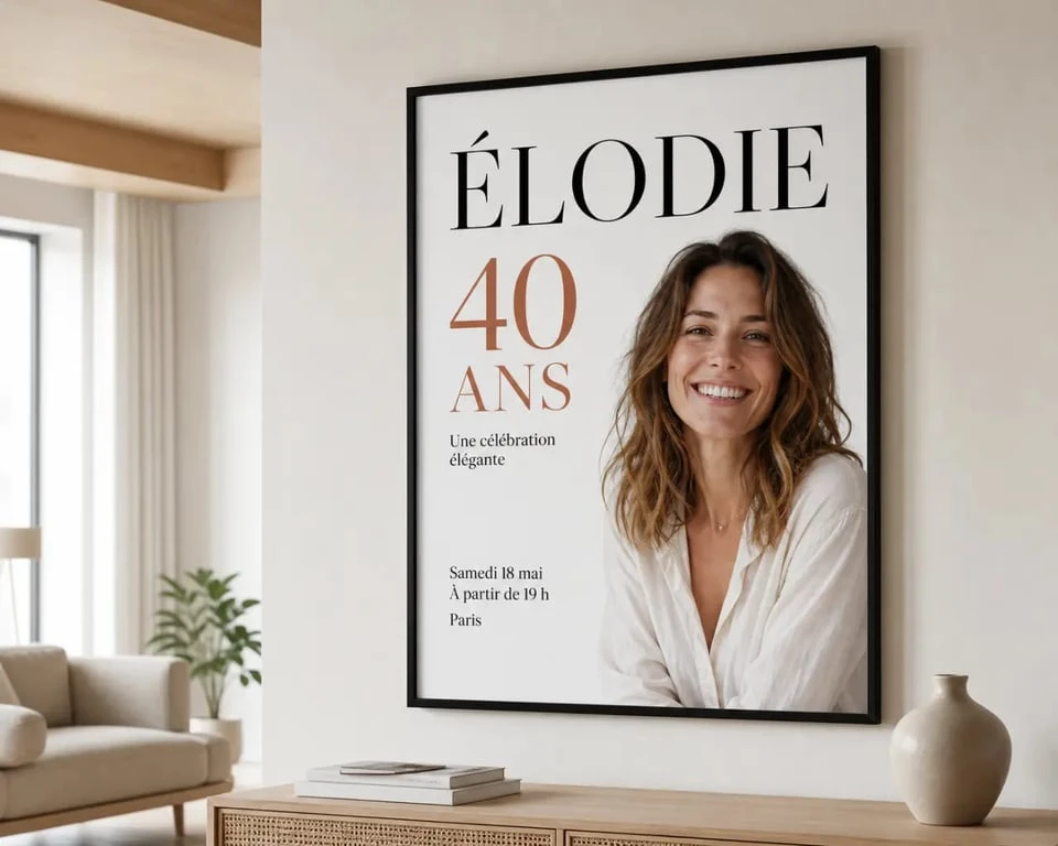 Affiche anniversaire pour adulte élégante avec photo, prénom et âge