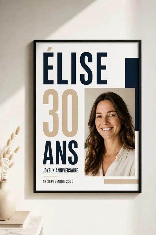 Affiche anniversaire personnalisée encadrée dans un intérieur élégant, avec prénom, âge et photo de portrait