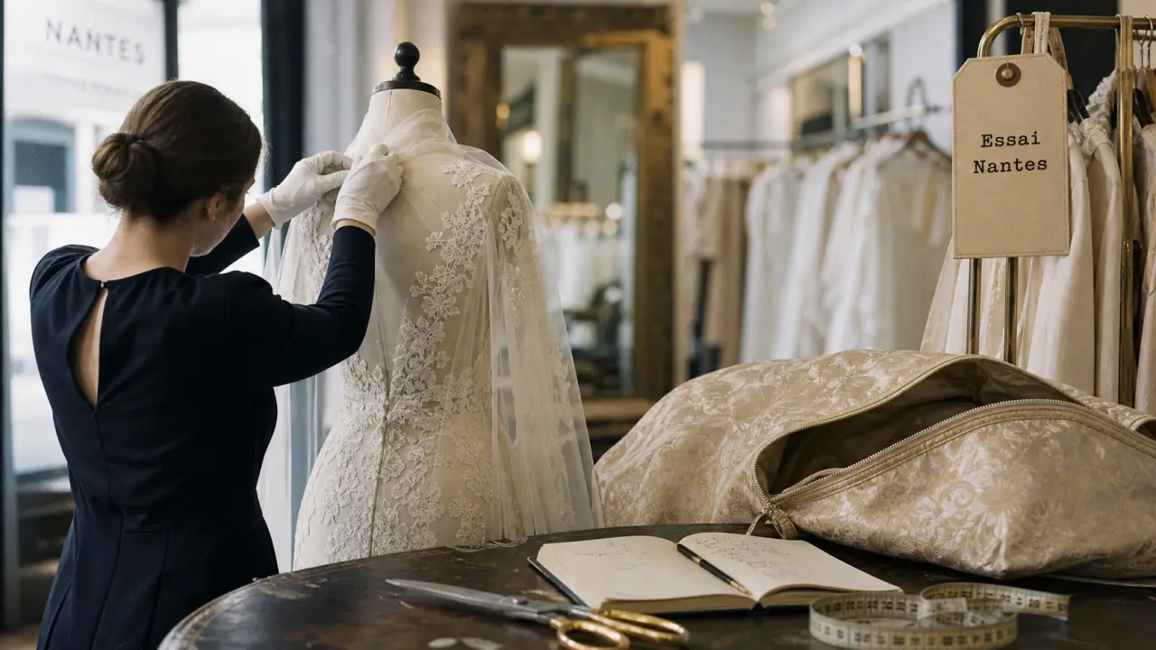 Robe de mariée sur Nantes en boutique, mannequin en dentelle et voile